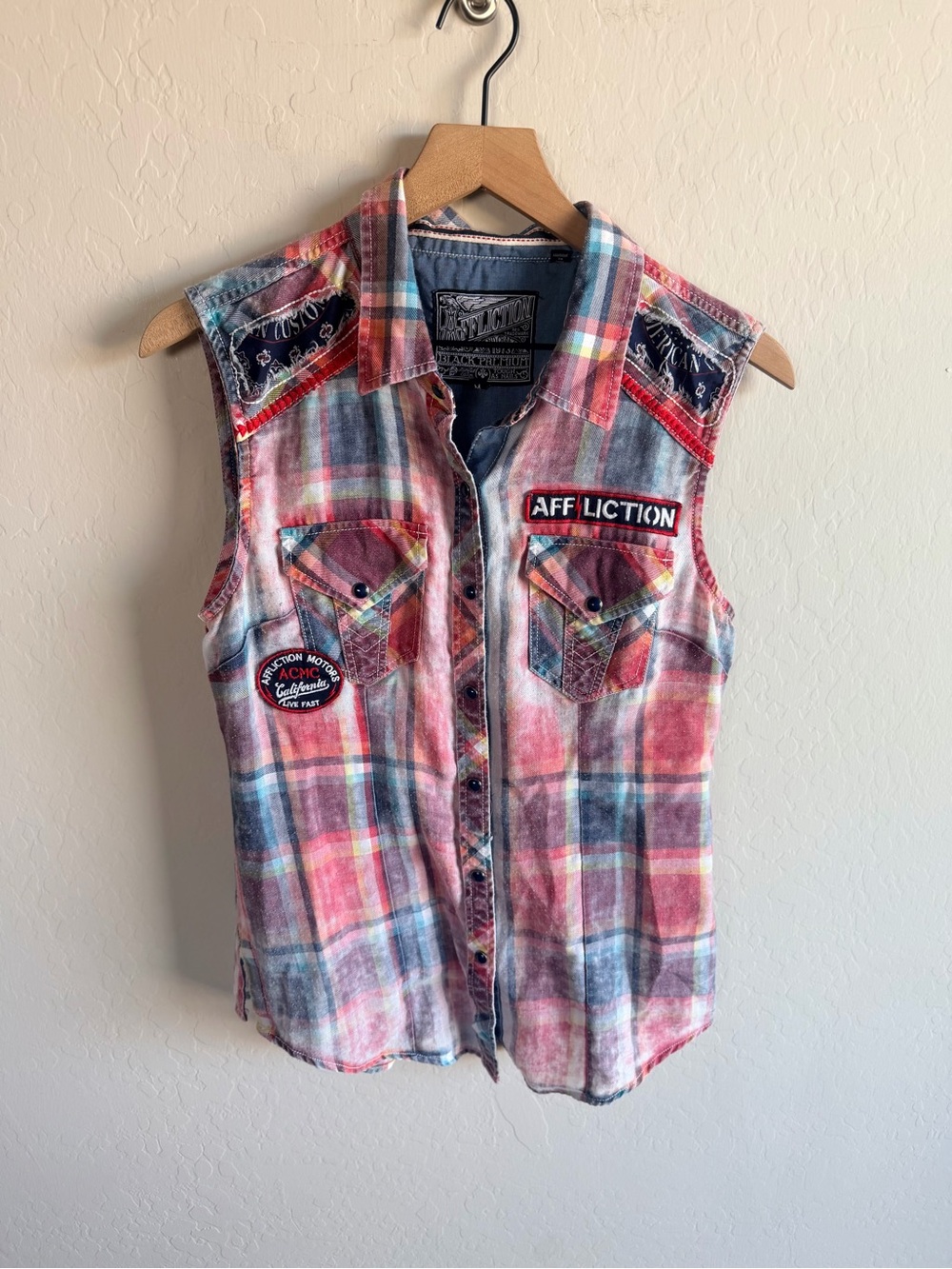 Affliction Pink Blue Plaid Sleeveless Button Down Shirt M 90s Y2K
